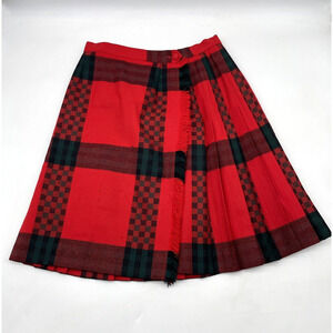Vintage Highland Queen Le Mans Red 100% Wool Plaid Checker Pleated Skirt S 24"